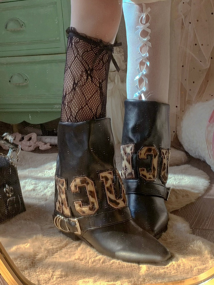 Toe Pointed Mid-Heel Leopard Black Letter - Patches Boots Print