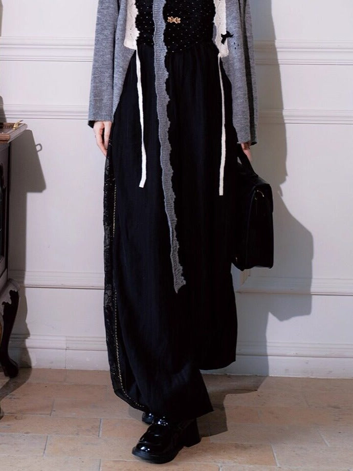 Chinese Style Black Silk Embroidered Lantern Pants with Elastic Waist - Luo Xiu Dong Xiang