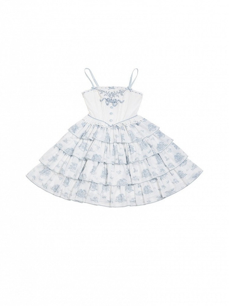 Blue & White Floral Print Lolita JSK with Bow Embellishments - CEL