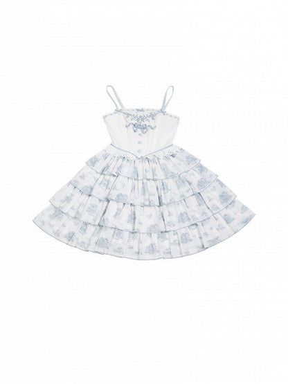 Blue & White Floral Print Lolita JSK with Bow Embellishments - CEL