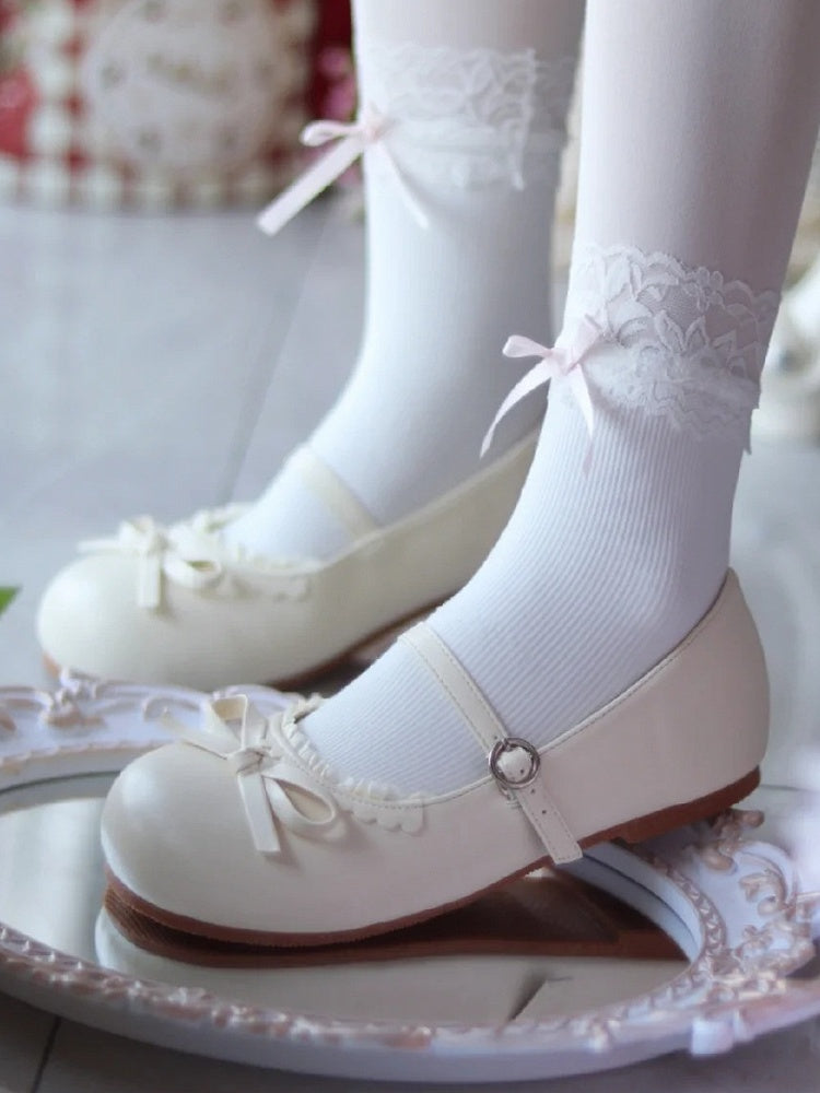 Lolita Beige with Matte Shoes Bow Flat Round Knotted Toe