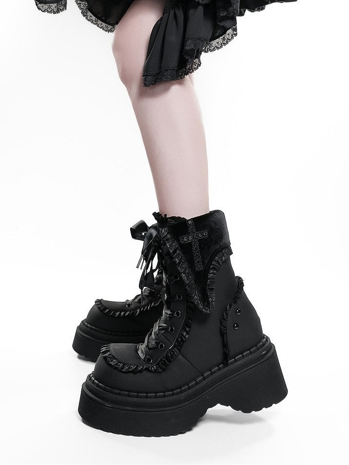 Ruffle Chunky Black Gothic Accents Dual Platform Closure Boots with