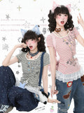 Striped Pink & Kitty Print Lace-Hem Top - Languid Park