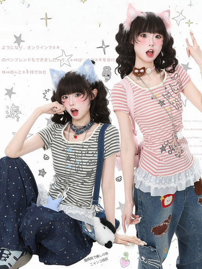 Striped Pink & Kitty Print Lace-Hem Top - Languid Park