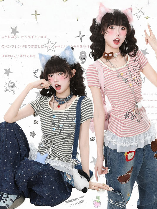 Striped Pink & Kitty Print Lace-Hem Top - Languid Park