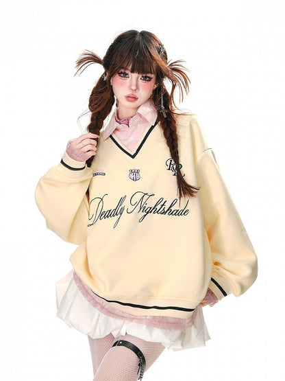 Aprikose/Pink Polokragen Buchstabenstickerei Frühlings-Sweatshirt Kunst-Zweiteiler