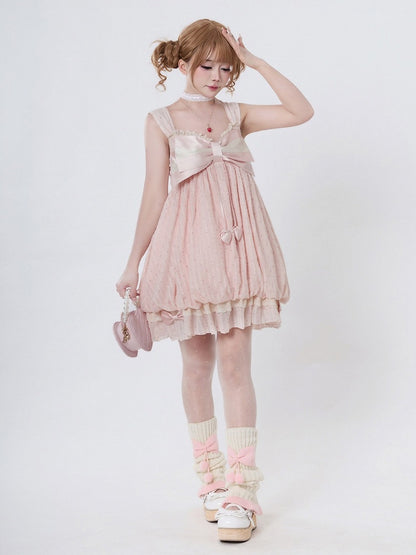 Pink Bow Polka Dot Sleeveless Bubble Dress with Lace - Tan Tuan