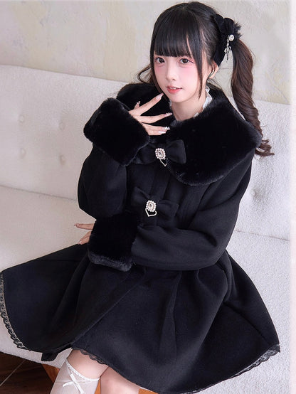 Lace and Rhinestone with Cuffs Coat Collar Fuzzy Kei Accent Bow Black Jirai Trim