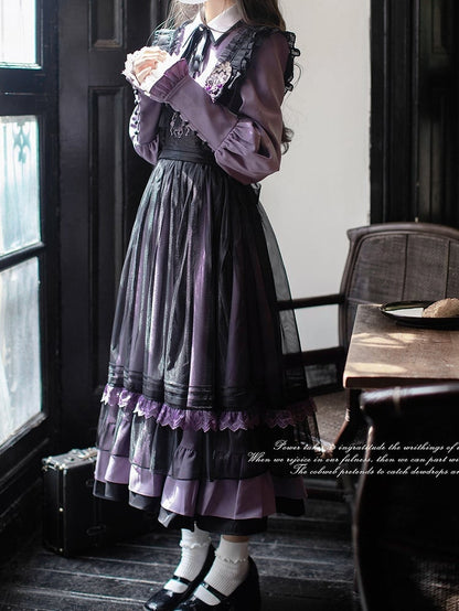 Front with Trim Embroidery Detail and Mesh Apron Dress Purple Lace Black at