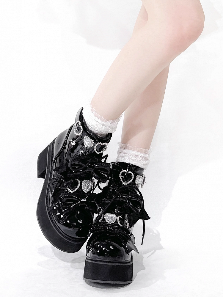 Platform Ankle Boots Buckles Jirai Kei Polished and Black Rhinestons Sweetheart with