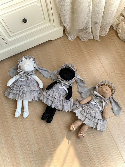 Gray Rosette and Bowknot Embroidery Dress + Bunny Ears Hat