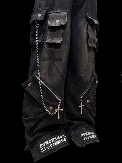 Details Black with Jeans Edge Urban Cargo Faded Zipper Straight-Leg