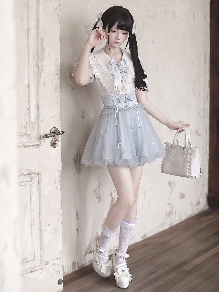Pure White Lace Cutout Shoulder Short Sleeve Ruffle Blouse - Ekomi