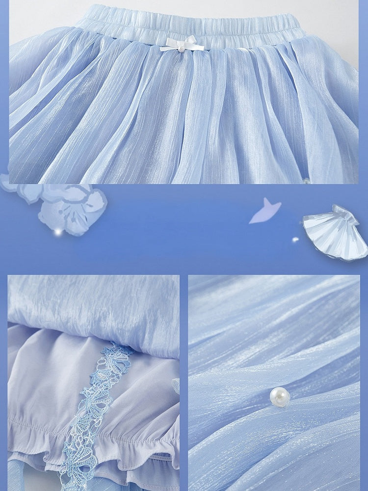 Cute Blue Summer Bottoms with Ruffle Hem - Zao Jing Ji