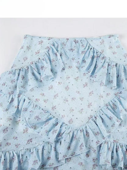 Top Holiday Trim Floral Bowknot + Details Cami Ruffles Blue