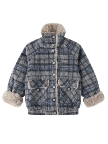 with Accents Blue Vintage Coat Contrast Furry Plaid