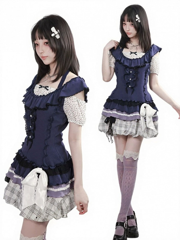 Dark Blue Polka Dot Puff Sleeve Top with Bow - PINK SAVIOR