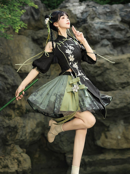 Black & Green Lily Embroidery Asymmetrical Top and Skirt - Han Ru Chu Hanfu & Han-Element Studi