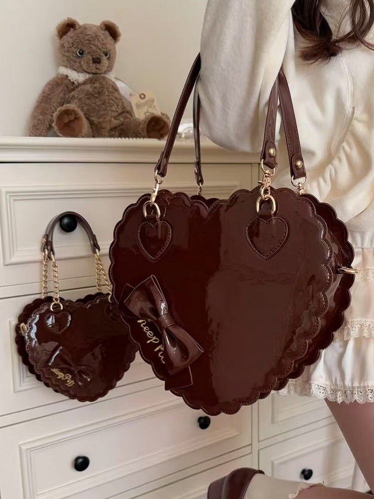 in Style Cookie PU Bag Brown - Heart 2-Way Closure Zipper Bow Lolita with Decor