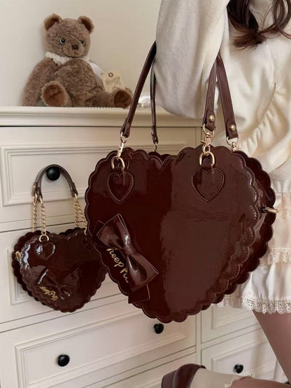 in Style Cookie PU Bag Brown - Heart 2-Way Closure Zipper Bow Lolita with Decor