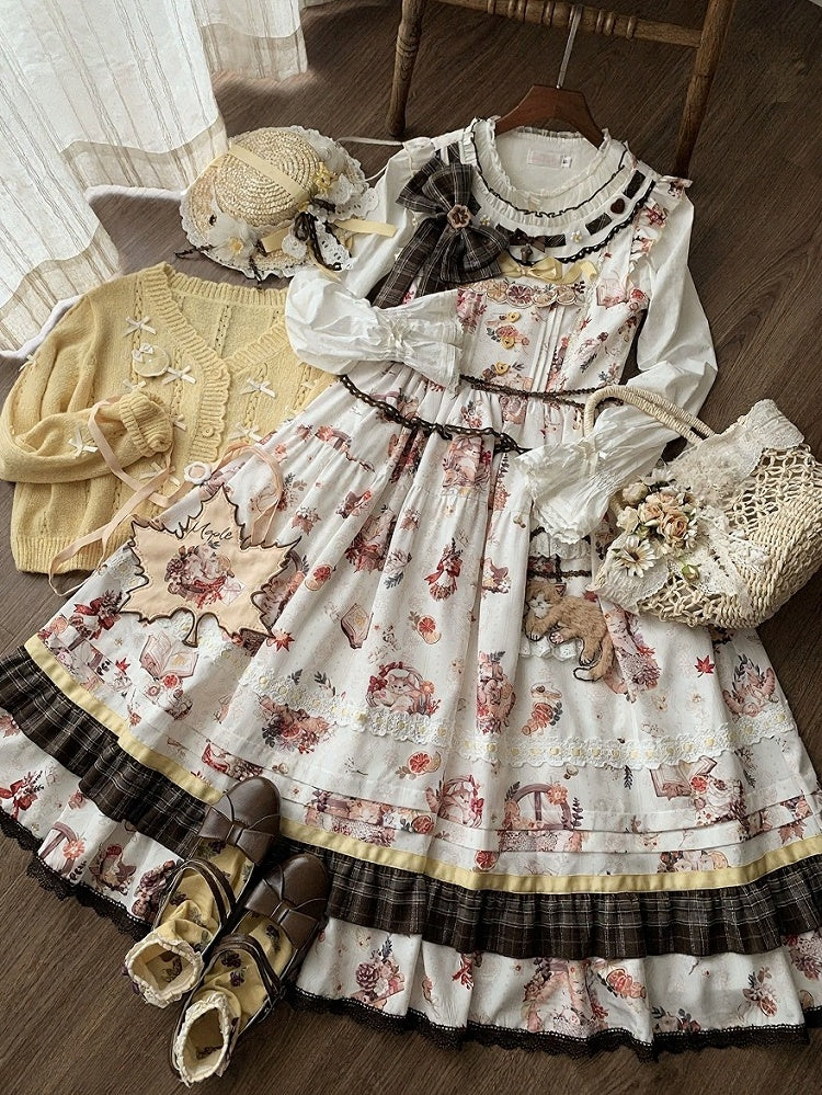 Cat and Maple Floral Print Jumper Skirt with Ruffle Trim - Lineall Cat