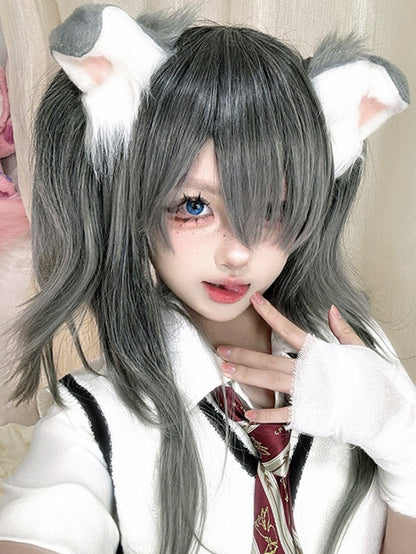 Clip-Perücke, grau, doppelter Pferdeschwanz + 30 cm Krallenpony, 38 cm glatte Länge mit Ombré-Haarfarbe