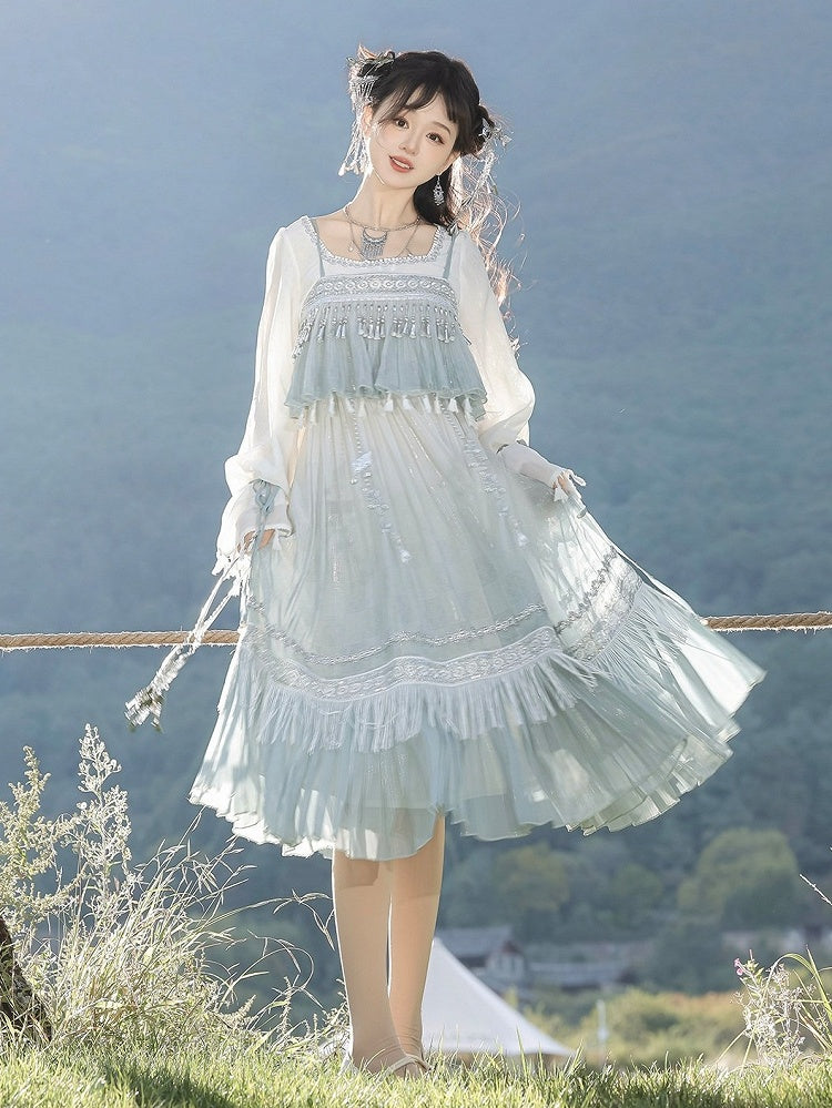 Square Neck Long Sleeve Han-Element Top in Light Blue with Tassel Dress Combo - Han Ru Chu Hanfu & Han-Element Studi