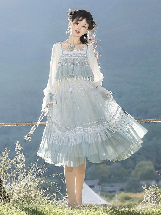 Square Neck Long Sleeve Han-Element Top in Light Blue with Tassel Dress Combo - Han Ru Chu Hanfu & Han-Element Studi