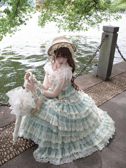 and Goldfish Adjustable Straps Dress with Lolita Ruffle Green Multi-Layered Sweet Embroidery