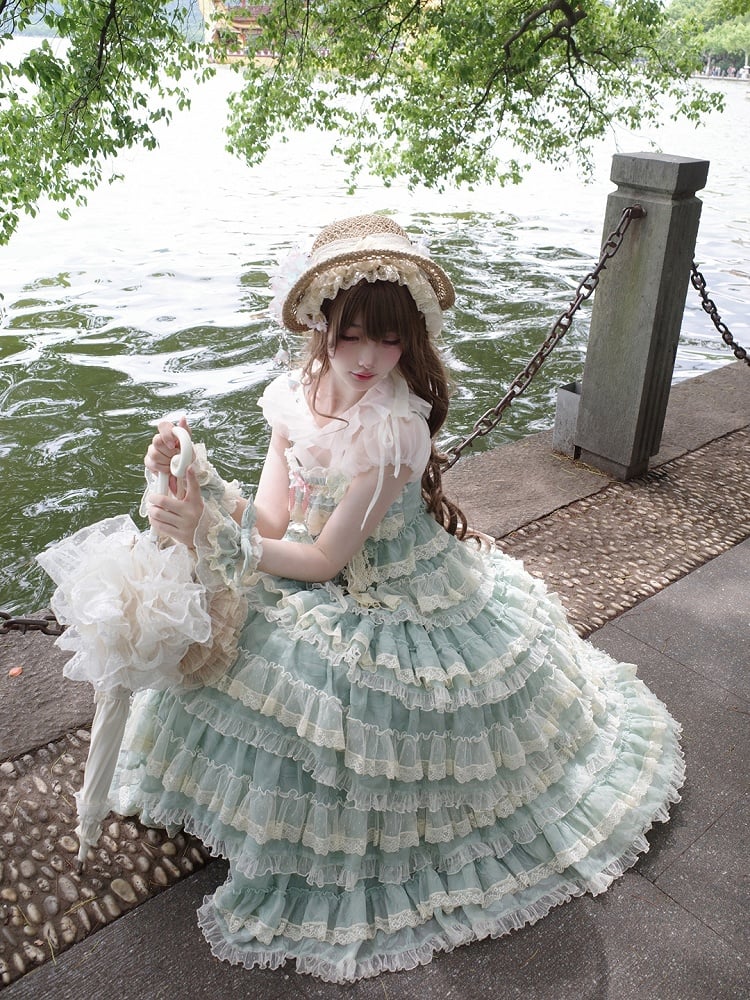 Goldfish Adjustable Dress and Green with Straps Lolita Embroidery Ruffle Multi-Layered Sweet