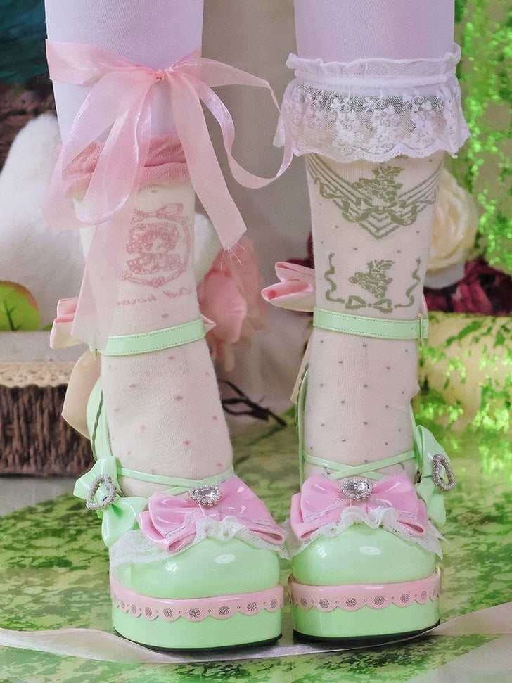 Shoes Heart Decor - High-heel PU Leather Details Bowknot Green