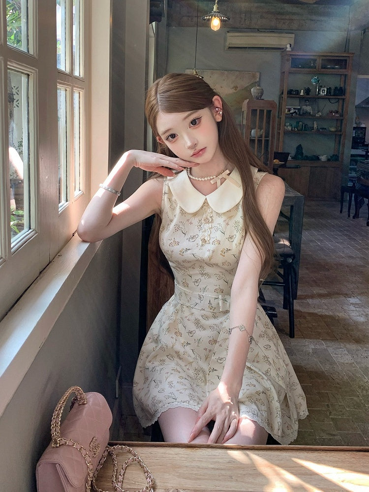 Apricot Floral Dress with Lace Trim - Qchiwawameme