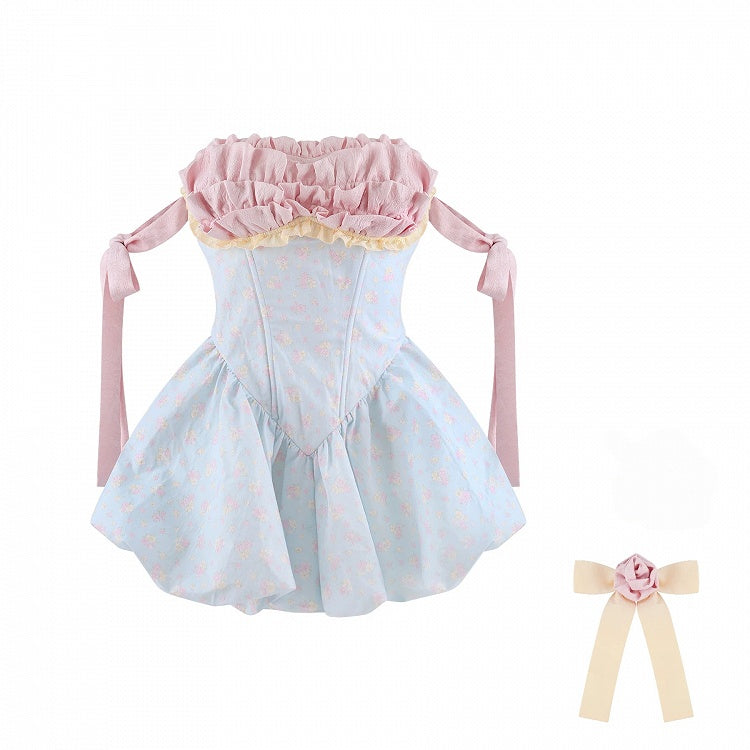 Blue and Pink Floral Strapless Dress with Bow - serendipity