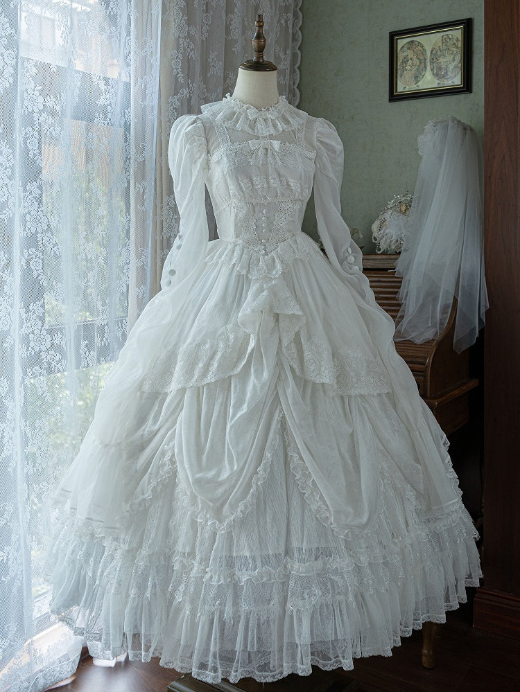 White Basque Waist Shiro Dress Drawstring Skirt Hanayome Lolita Long Sleeves One Piece