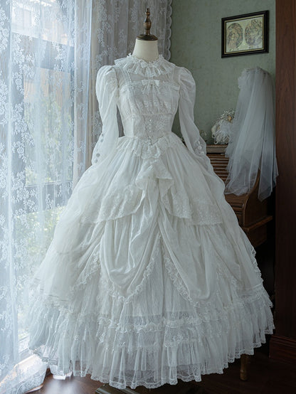 White Basque Waist Shiro Dress Drawstring Skirt Hanayome Lolita Long Sleeves One Piece