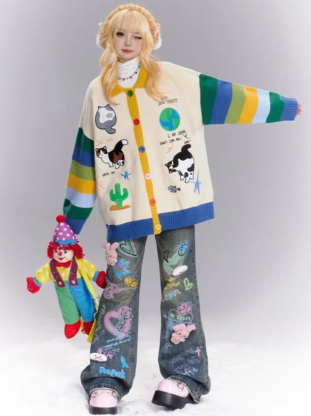 Blue Bunny Plushies Adorned Cats Graffiti Wide-leg Cut Jeans