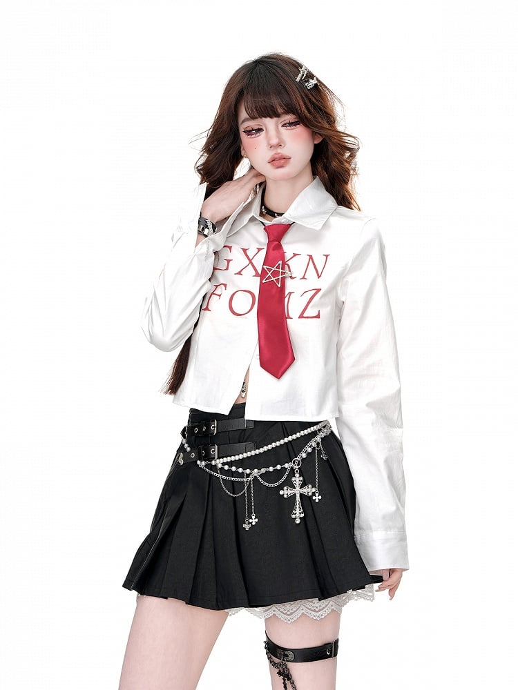 ブルー/ホワイトのストライプ柄クロップドシャツ（フリーネクタイ付き）