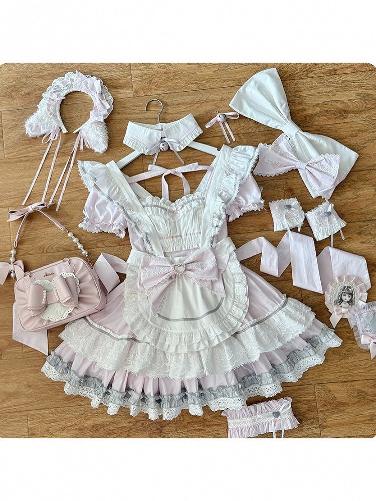 Maid Lolita Dress in Sweet Pink & White, Puff Sleeves, Flounced Skirt & Lace - Mewroco