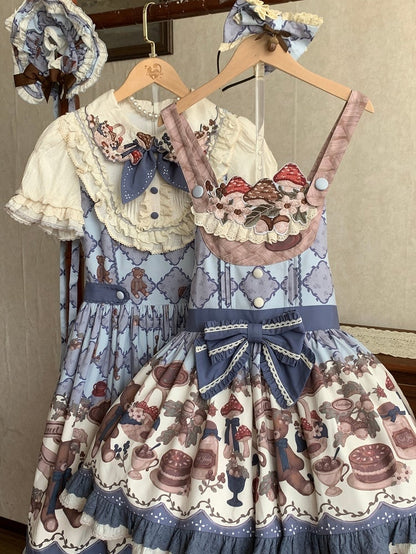Print Stickerei Overall Süßes blaues Teddykleid Pilz Lolita Ausschnitt