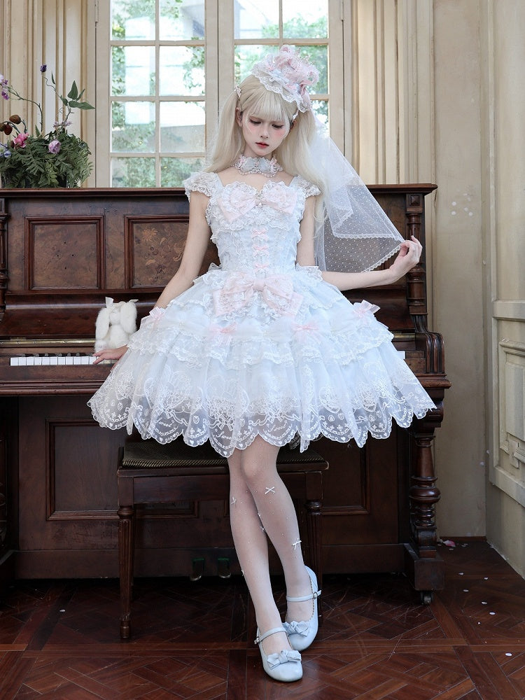 Blue Multi-Layer Lace Trim Lolita JSK with Bow and Bead Chain Decorations - White Sugar Girl