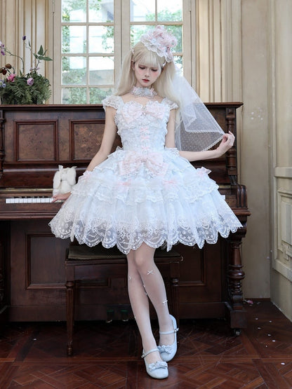 Blue Multi-Layer Lace Trim Lolita JSK with Bow and Bead Chain Decorations and Pink Back Bow Full Set - White Sugar Girl