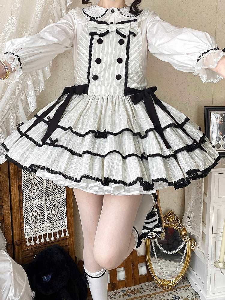 Black Lace Accents Ruffle Sweet Striped Dress Trim with Bow and Layered Overall Lolita