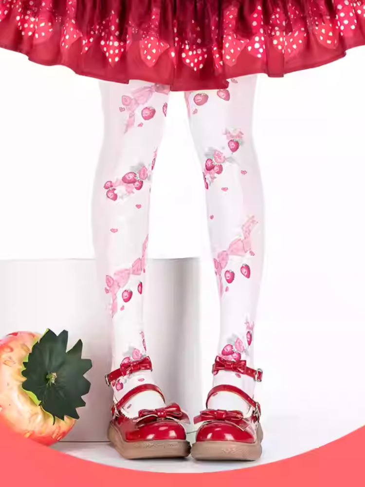 Rosa Lolita-Overknee-Strümpfe mit Erdbeer- und Schleifenmuster