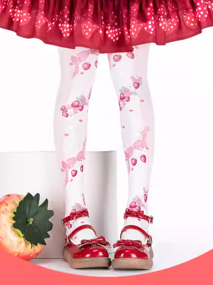 Pink Strawberry and Bow Print Lolita Over Knee Stockings