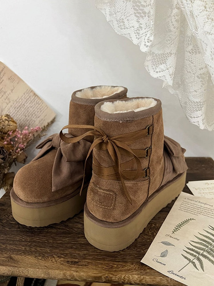 Brown Sweet Lolita Platform Snow Boots - Front Bow Accent with Rear Lace-Up Detail