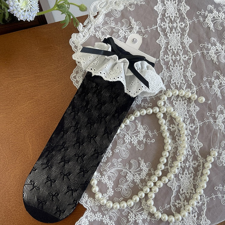 Details Spitzensocken mit Schleife und Hohlsaum in Schwarz/Weiß/Apricot
