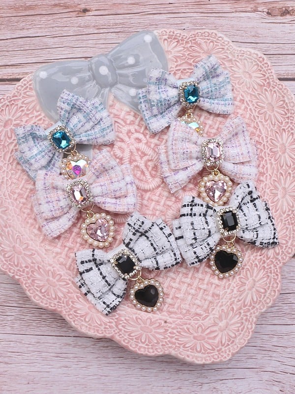 Jirai Tweed Charm Bowknot Heart 6 Hairclip Rhinestone Color Kei Options