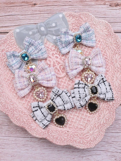 Jirai Tweed Charm Bowknot Heart 6 Hairclip Rhinestone Color Kei Options