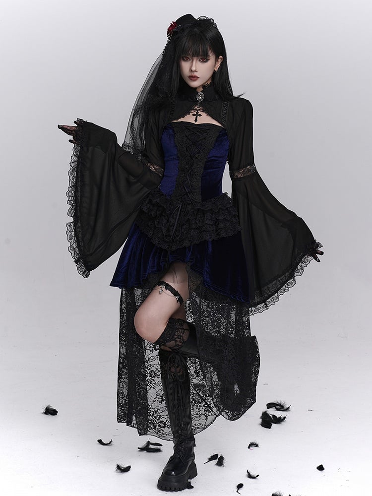 Blue Lace Lace-Up with Overlay Dress Floral Gothic Black Front Halloween