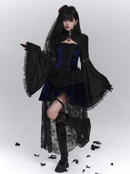 Blue Lace Lace-Up with Overlay Dress Floral Gothic Black Front Halloween